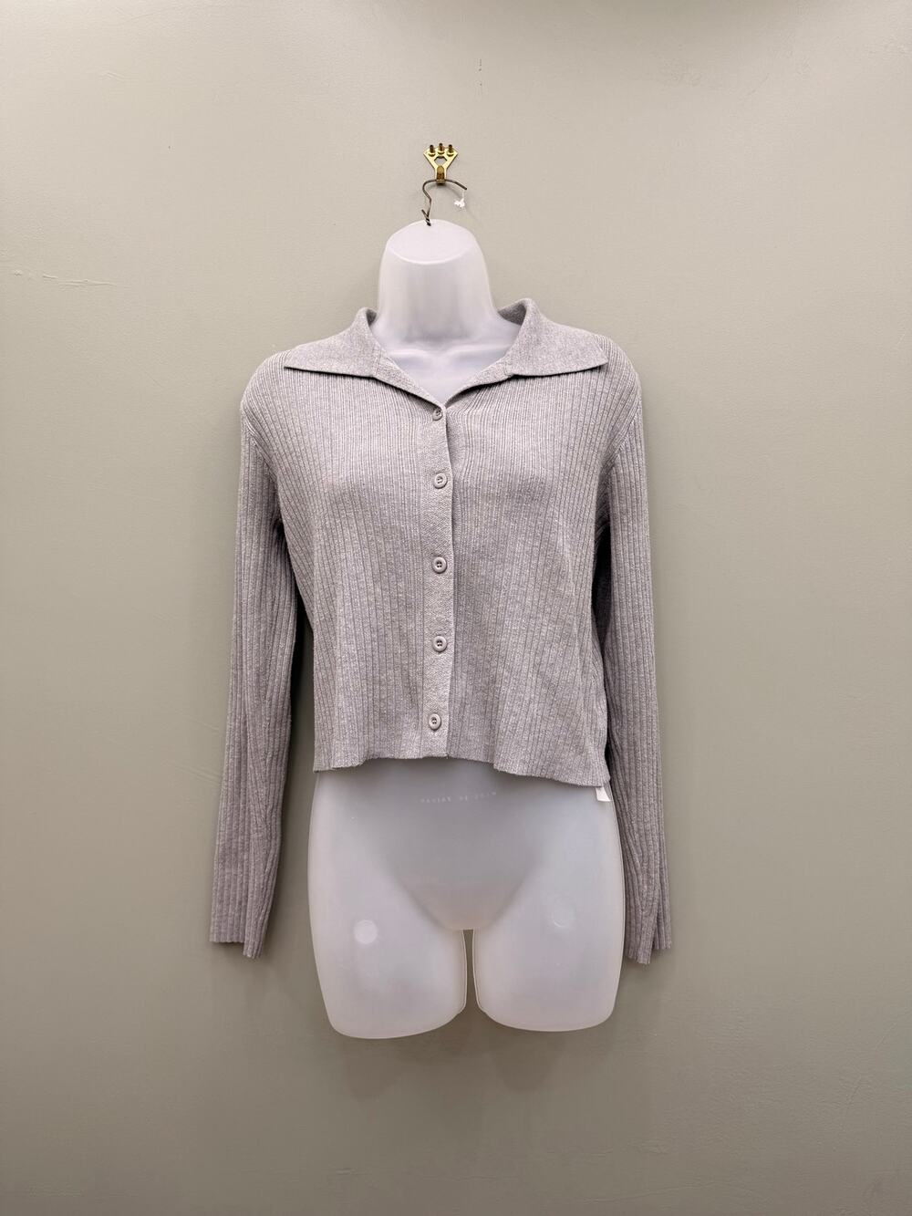 Gray Ribbed Knit Cardigan Small Collared Button Front Minimalist Preppy